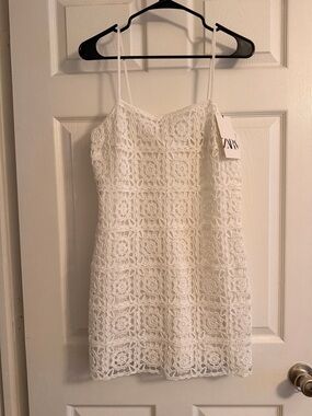Zara White Crochet Spaghetti-Strap Mini Dress